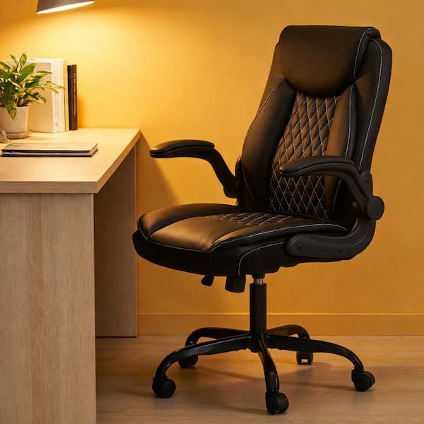 Faux Leather High Back Office Chair Ergonomic Swivel Desk Chair in Black with Flip-Up Armrests and Adjustable Rocking