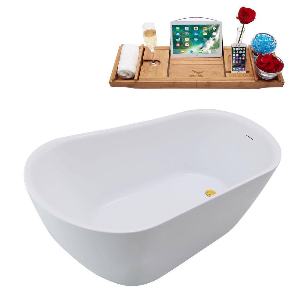 59'' Glossy White Freestanding Acrylic Bathtub with Gold Trim