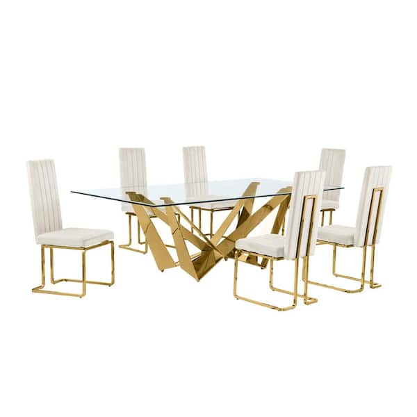 Best Quality Furniture Meryl 7-Piece Rectangular Glass Top Gold Stainless Steel Dining Set 6 Cream Velvet Gold Chrome Iron Chairs