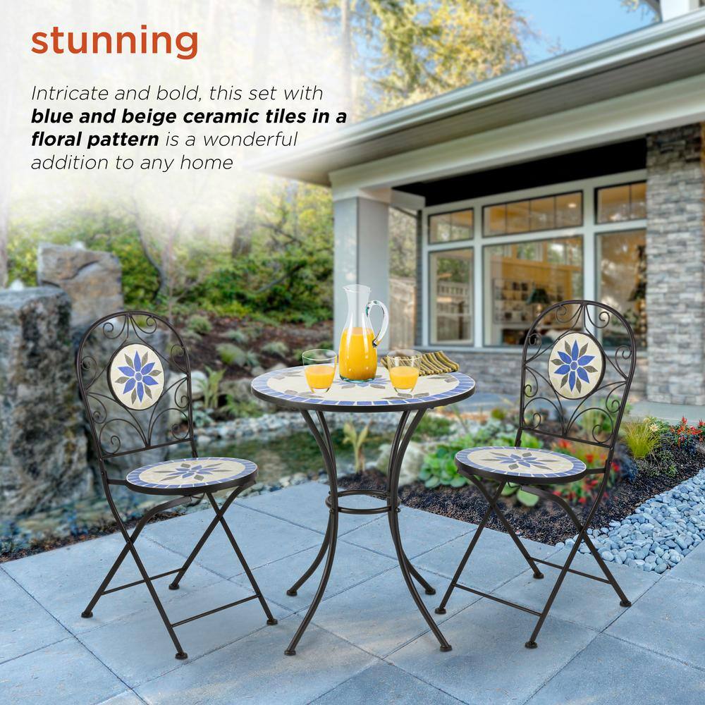 Blue and Beige Ceramic Mosaic Bistro Set with Steel Frame