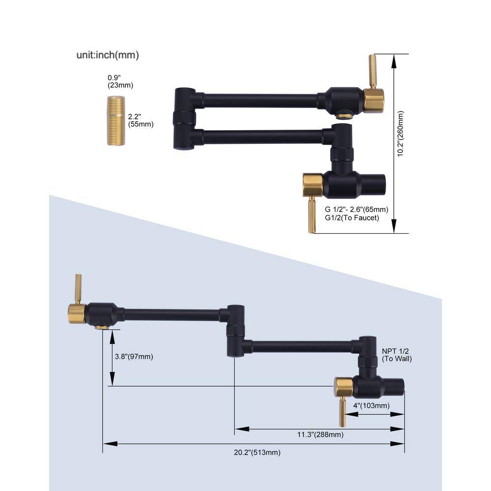 Matte Black and Gold Wall Mounted Pot Filler Faucet