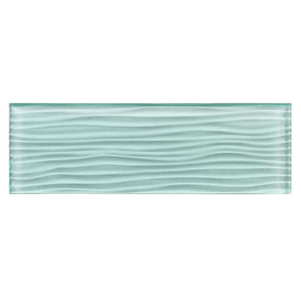 Enchant Parade Bewitch Aqua Blue Glossy 4 in. x 12 in. Glass Textured Subway Wall Tile Sample