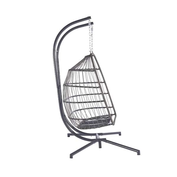 JimsMaison 45.7 in. 2-Person Metal Frame and Wicker Patio Swing with Dark Blue Cushions