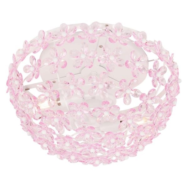 Izzy 15.5 in. 2-Light Round Metal Dome Matte White/Pink LED Flush Mount for Bedroom and Bathroom