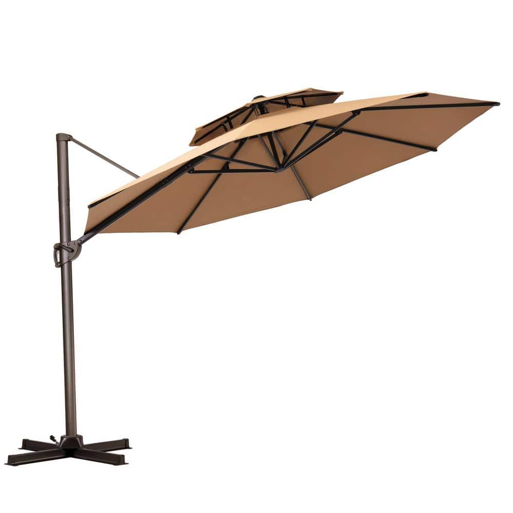 Tan 11 ft. Round Heavy-Duty Cantilever Patio Umbrella with Double Top