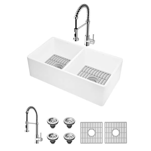 VIGO Matte Stone 33" Double Bowl Farmhouse Apron Front Undermount Kitchen Sink with Faucet in Chrome and Accessories