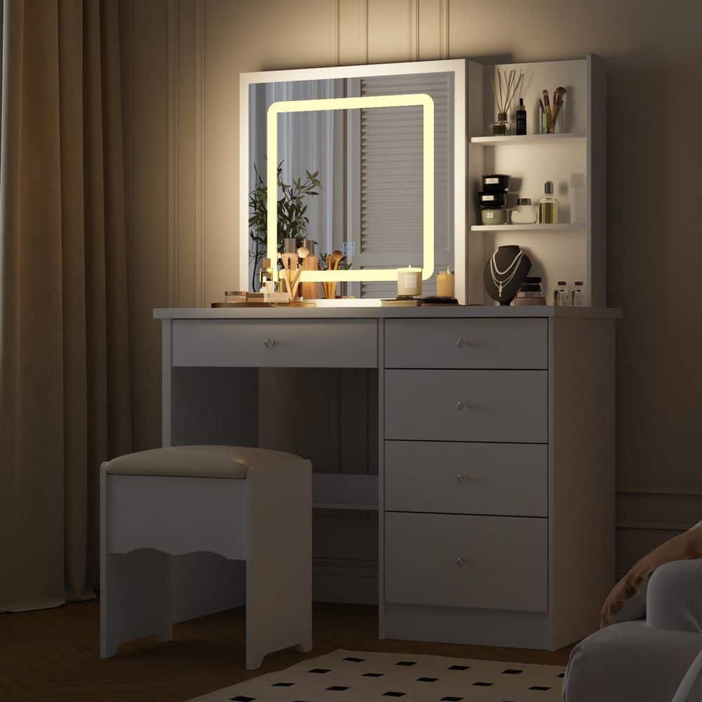 5-Drawers White Makeup Vanity Sets Dressing Table Sets with LED Dimmable Mirror, Stool and 3-Tier Storage Shelves - thumbnail 5