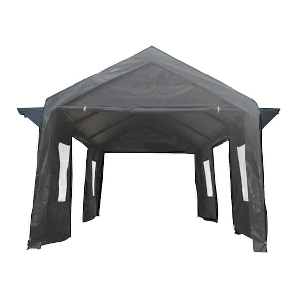 maocao hoom 12 ft. x 20 ft. Outdoor Heavy-Duty Carport Garage Canopy, Portable Garage with Mesh Windows and Rolling Doors in Grey