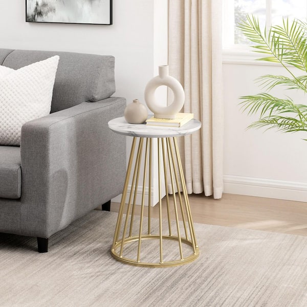 Walker Edison Furniture Company 16 in. Faux White Marble/Gold Modern Round Wood-Top End Table with Metal Cage Base