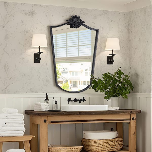 18 in. W x 24 in. H Irregular Retro Black Finish Iron Framed with Carved Accent Wall Mirror