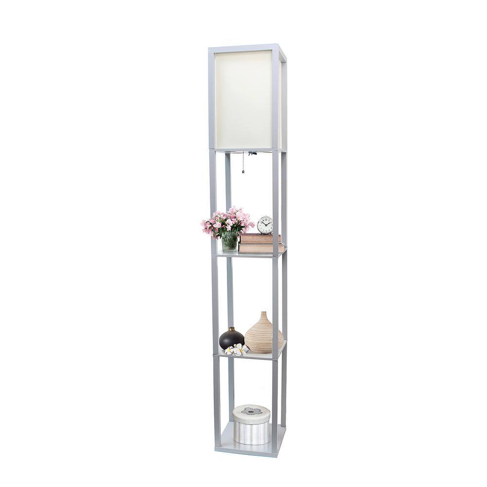 Gray Wood Floor Lamp with Linen Shade and Shelves