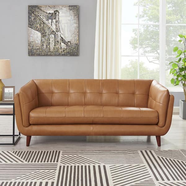Solana 84 in. Square Arm 100% Leather Rectangle Mid-Century Modern Bench Seat Sofa in Cinnamon Brown