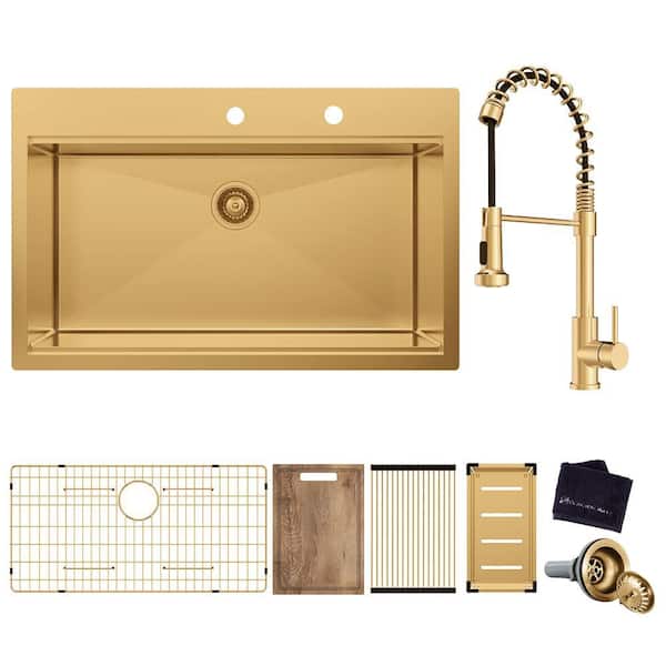 33 in. Drop In Single Bowl 18-Gauge Gold Stainless Steel Workstation Kitchen Sink with Spring Neck Faucet