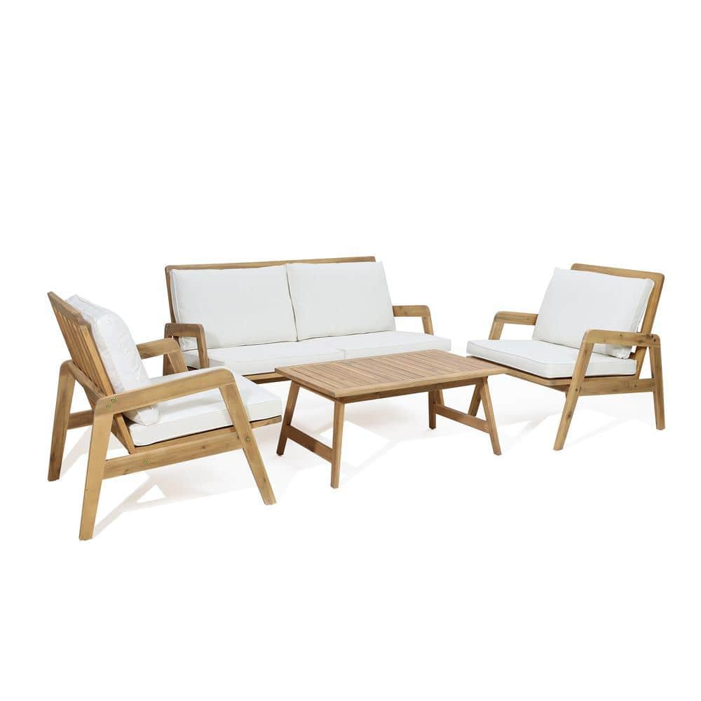 LuxenHome 4-Piece Wood Outdoor Dining Set with White Cushions WHOF1905 ...