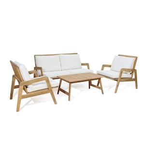4-Piece Wood Outdoor Dining Set with White Cushions