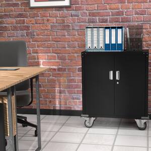 32.3 in. W x 35.4 in. H x 16 in. D 2-Shelves Metal Rolling Garage Storage Cabinet, Steel Freestanding Cabinet in Black