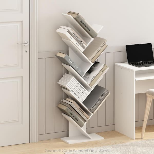 Furinno Tree 50.87 in Tall Plain White Wood 9-Shelf Tree Bookcase