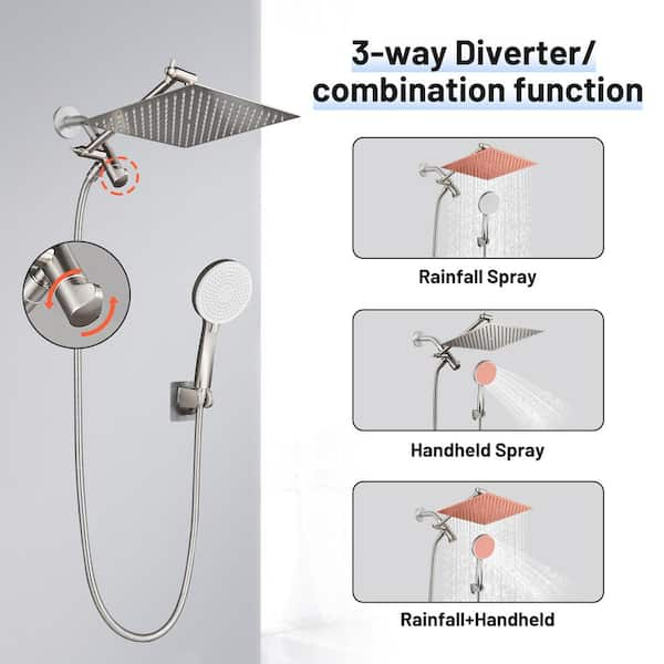 Rain Full 5-Spray Patterns 10 in. Wall Mount Dual Shower Heads and Handheld Shower Head 1.8 GPM in Brushed Nickel