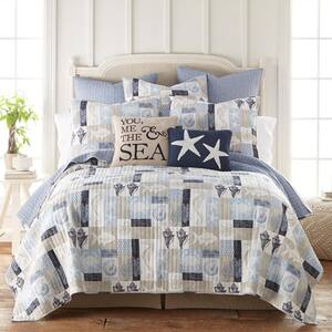 Cerralvo 3-Piece Blue, Taupe and White Cotton Full/Queen Quilt Set