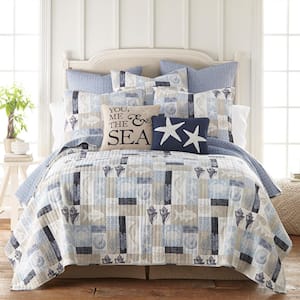 Cerralvo 3-Piece Blue, Taupe and White Cotton King Quilt Set