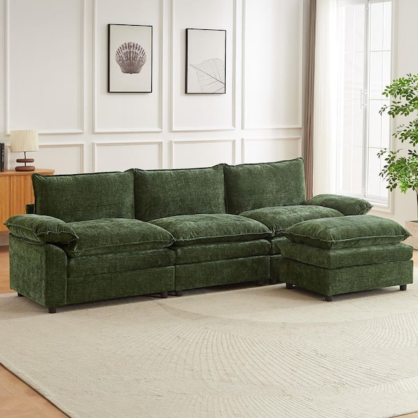 113.6 in. Square Arm L-Shaped Chenille Deluxe Pillow-Styled Modular Sectional Sofa in. Green with 1 Ottoman