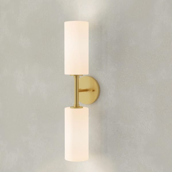 Cofield Collection 22-1/2 in. 2-Light Vintage Brass Transitional Wall Bracket with Etched Glass Shades