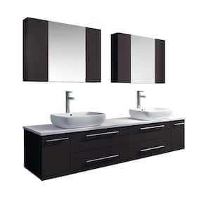 Lucera 72 in. W Wall Hung Vanity in Espresso with Quartz Stone Vanity Top in White with White Basins, Medicine Cabinet