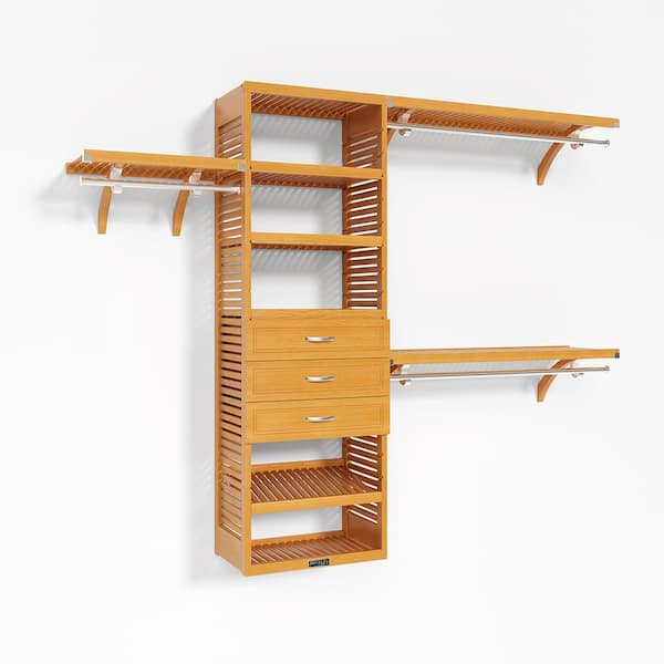 72 in. W - 120 in. W Honey Maple Walk in with 3 Drawers 16 in. Shelf Wood Closet System