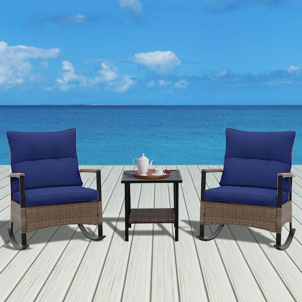 3-Piece Brown Wicker Outdoor Sofa Set Rattan Rocking Chair Set with Blue Cushion and Side Table for Patio Deck Backyard