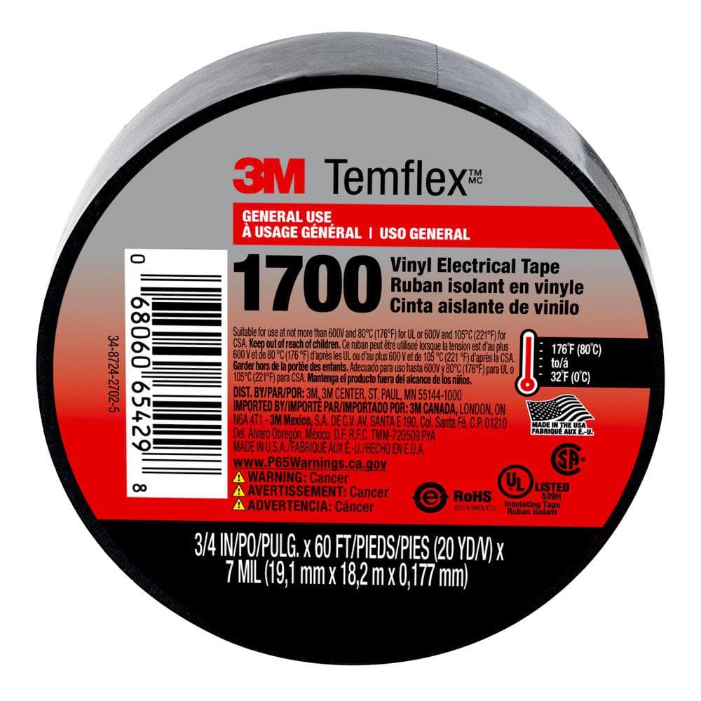 Pack-n-Tape  3M™ Temflex™ Vinyl Electrical Tape 165, White, 3/4 in x 60 ft  (19 mm x 18 m), 6 mil, 10 Rolls/Pack