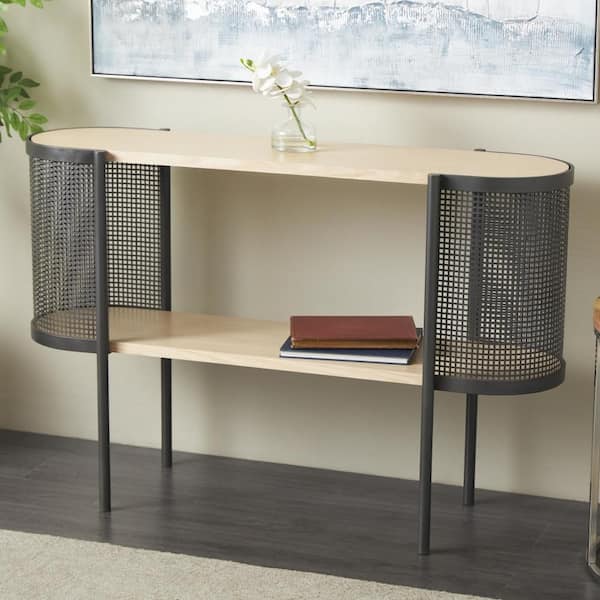 Litton Lane 48 in. Light Brown Oval Two-Toned Wood 1-Shelf Console Table with Mesh Side Panels