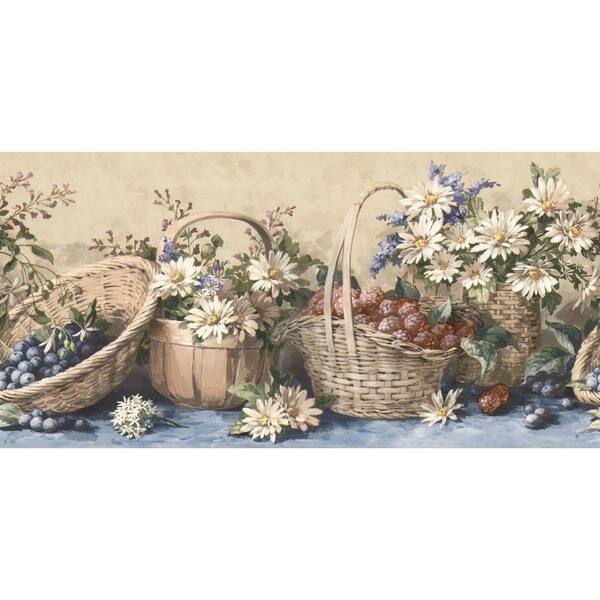 The Wallpaper Company 10.25 in. x 15 ft. Blue Country Baskets and Sunflowers Border