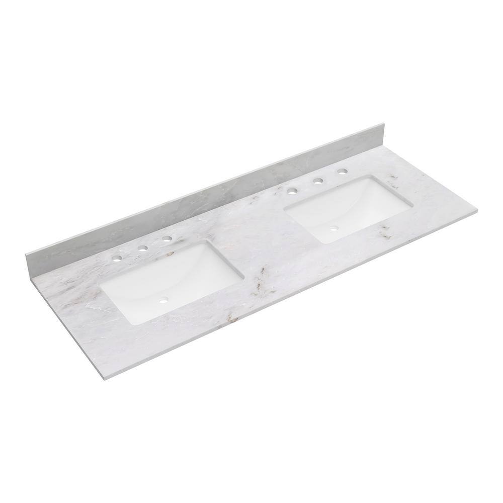 61" White Marble Double Sink Undermount Vanity Top