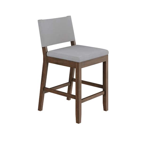 Linus Modern Upholstered Counter Height Bar Stool with Back and Solid Rubberwood Legs in a Wire-Brushed Brown Finish