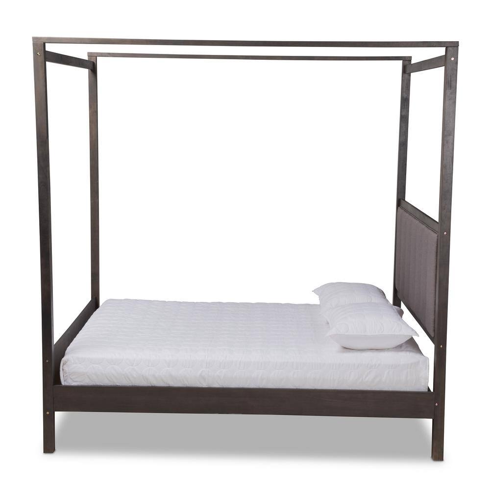 Natasha King Size Dark Grey Oak and Grey Fabric Tufted Platform Canopy Bed