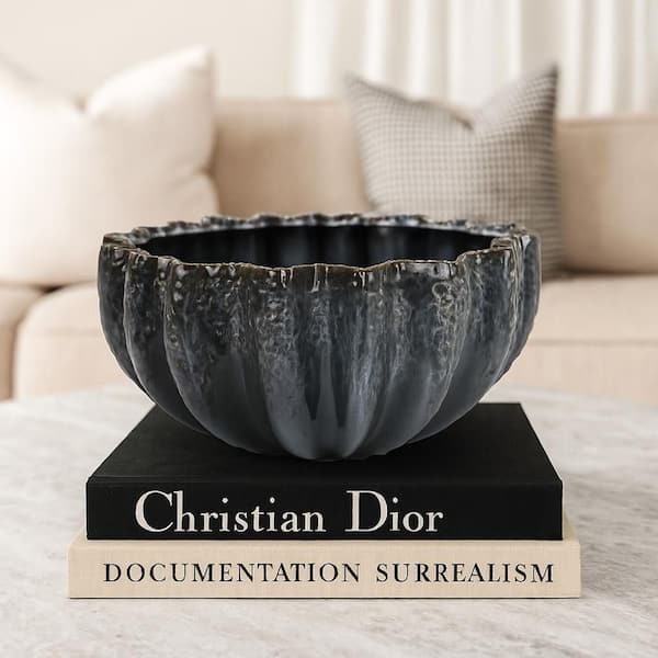 Morden Aqua Gray Round Ceramic 12.5 in. Decorative Bowl