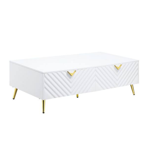 HomeRoots Amelia 29 in. White High Gloss Finish Rectangle Particle Board Coffee Table with Storage