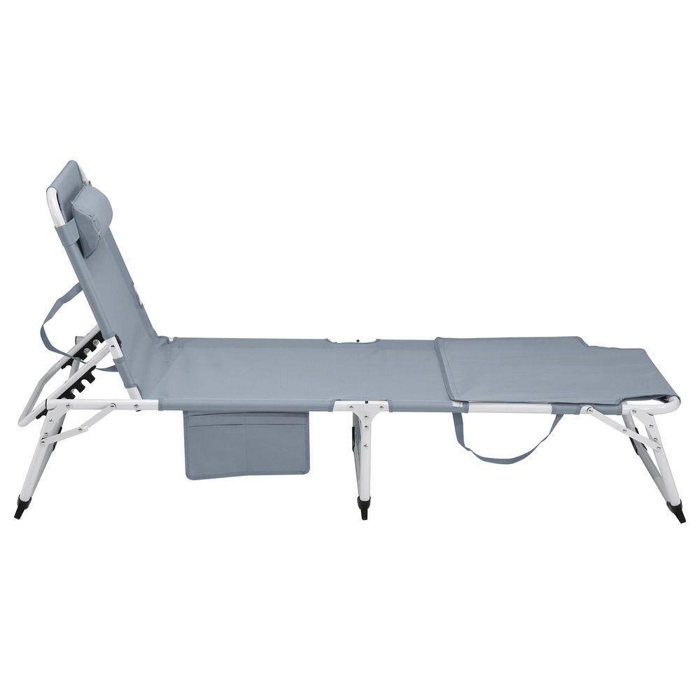 Gray folding outdoor chaise lounge with headrest and face hole on white background.