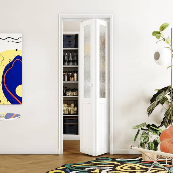 30 in. x 80 in. White MDF, Hammered Glass ,Half Tempered Glass Panel Bi-Fold Interior Door for Closet with Hardware Kits