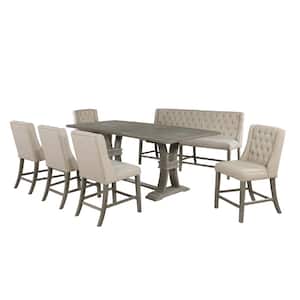 Fabiola 7-Piece Rectangular Beige Wood Top Rustic Finish Dining Table Set Linen Fabric Chairs and Bench