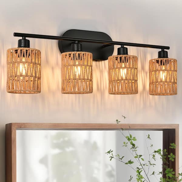 Nafissa 29 in. 4-Light Black Vanity Light Farmhouse Bathroom Light with Cylinder Rattan Lampshades