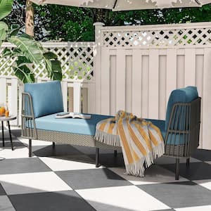 Grey Wicker Outdoor Chaise Lounge Oversized Patio Love Sofa with Blue Cushion