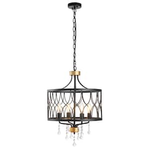 4-Light Black and Gold Dimmable Lantern Drum Chandelier with Crystal Pendant 104.5 in.