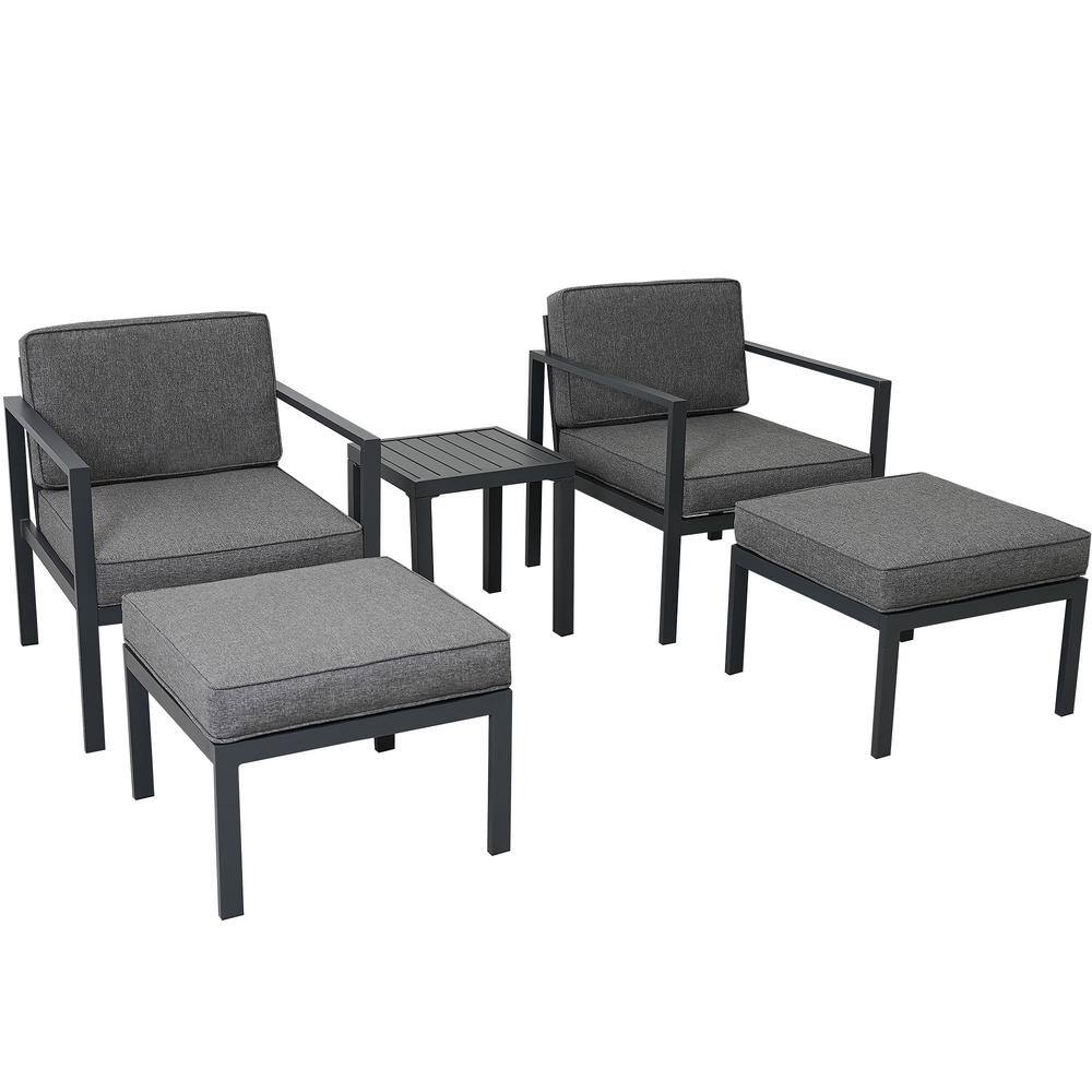 5Piece Aluminium Metal Patio Conversation Set with Gray Cushions and