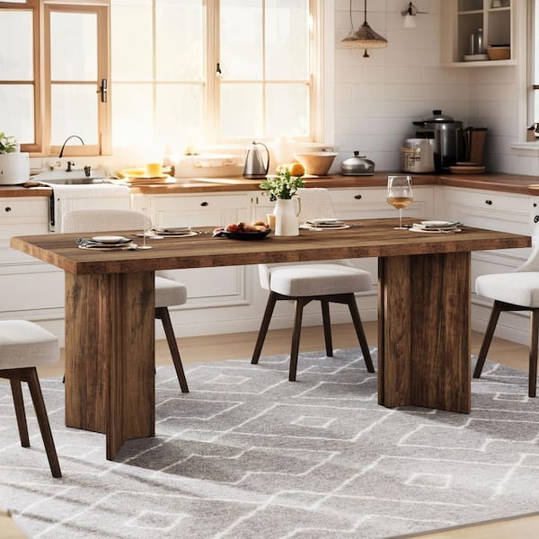 Rustic Dark Brown Engineered Wood 63 in. Double Pedestal Rectangular Dining Table Seats 6, Kitchen Table for Dinner