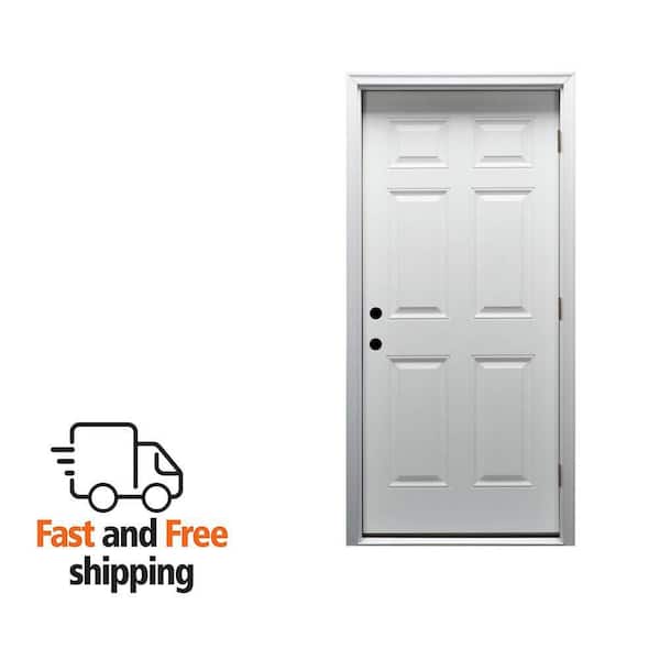 36 in. x 80 in. Left Hand/Outswing 6-Panel Classic Primed Fiberglass Smooth Prehung Front Door on 4-9/16 in. Frame