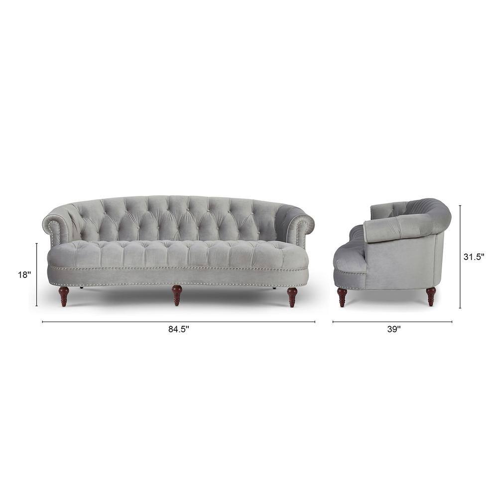 Opal Grey Velvet Chesterfield Sofa with Nailhead Accents and Wood Frame
