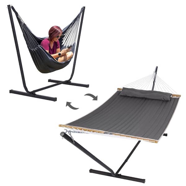 Atesun 12 ft. 2-in-1 Indoor/Outdoor Portable Hammock Swing Chairs with Stand Included, Heavy-Duty Hammock in Dark Gray