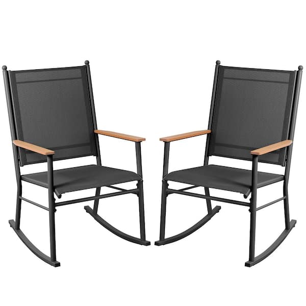 Outdoor Metal Rocking Bench Vongrasig 2‑Piece Patio Rocking Chairs, Metal Rocker with Wood‑Look ...