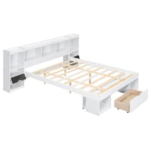 White Wood Frame Queen Size Platform Bed with Multiple Storage Headboard and Drawer